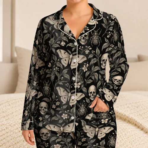 Gothic Moths, Skulls And Beetles For Moody Evenings And Dark Academia Style Satin Pajamas Set