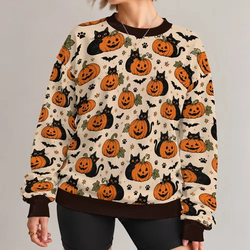 Playful Pumpkin Cats and Bats for Autumn Halloween Parties and Seasonal Outings All-over Print Knitted Sweater