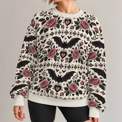 Gothic Bat Rose Heart Motifs for Halloween Parties and Dark Romantic Everyday Style All-over Print Knitted Sweater