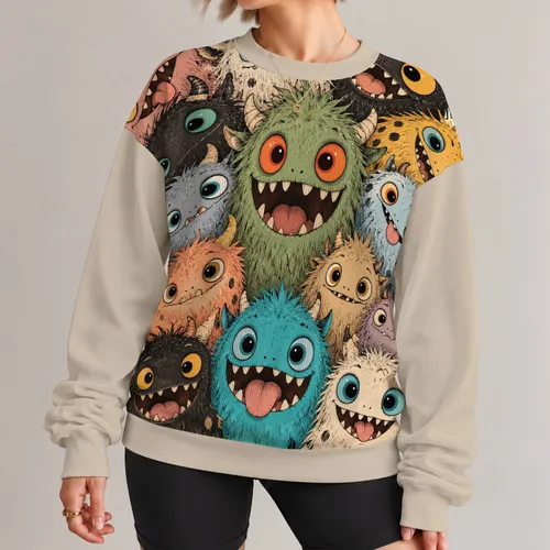 Whimsical Furry Monster Faces for Cozy Autumn Outings and Playful Everyday Style All-over Print Knitted Sweater