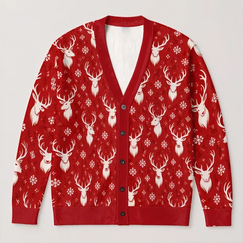 Red Deer Motif Holiday Charm for Cozy Winter Gatherings and Casual Festive Style All-over Print Knitted Cardigan