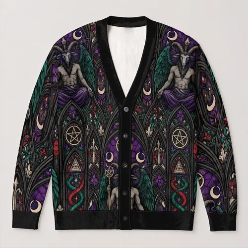 Stained Glass Goat and Pentagram Halloween Scene for Teen Alternative Daily Wear All-over Print Knitted Cardigan