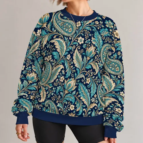Navy Teal Paisley Florals for Vintage-Inspired Casual Style All-over Print Knitted Sweater