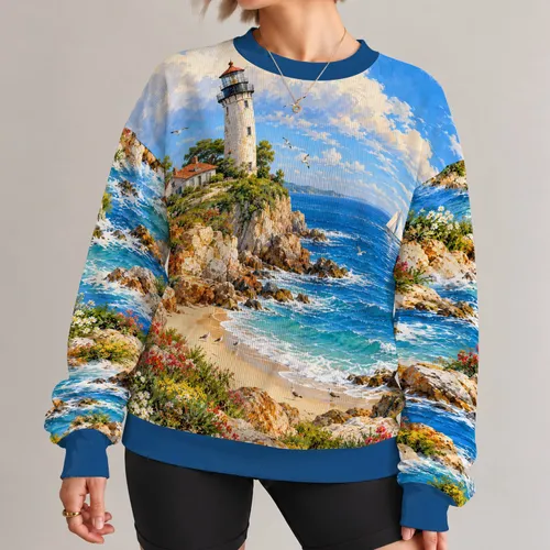 Coastal Lighthouse Seascape for Relaxed Summer Days by the Shore All-over Print Knitted Sweater