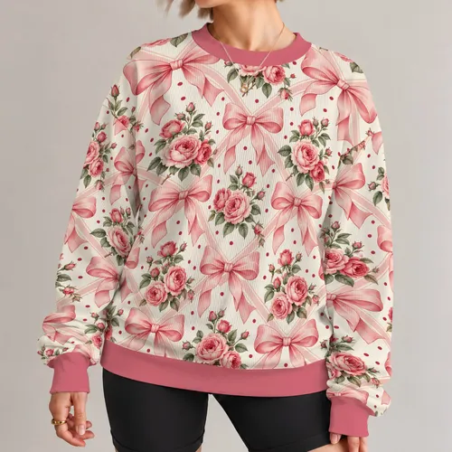 Pink Rose Clusters and Bow Motifs for Romantic Autumn Outfits and Everyday Feminine Style All-over Print Knitted Sweater