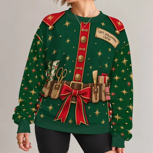 Elf Gift-Wrapping Crew Holiday Uniform for Festive Christmas Parties and Gift Giving All-over Print Knitted Sweater