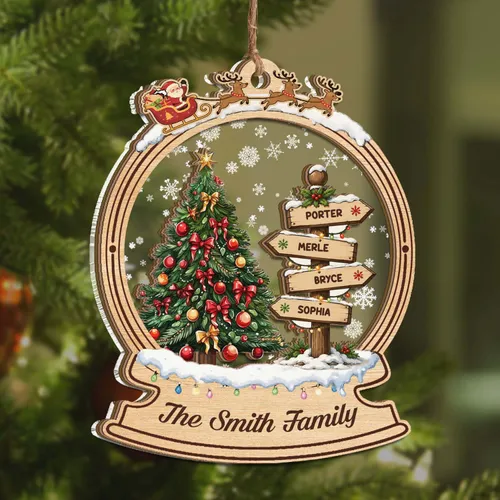 Personalized Snow Globe Family Name Ornament – Custom Rustic Signpost Wood Acrylic Christmas Keepsake