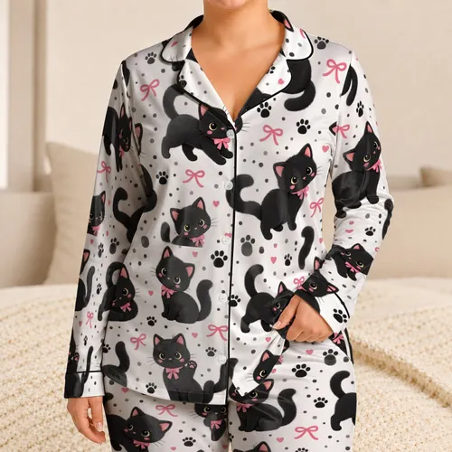 Cute Black Cat Bow Scatter for Cozy Bedtime Loungewear Gift Idea for Cat Lovers Style Satin Pajamas Set
