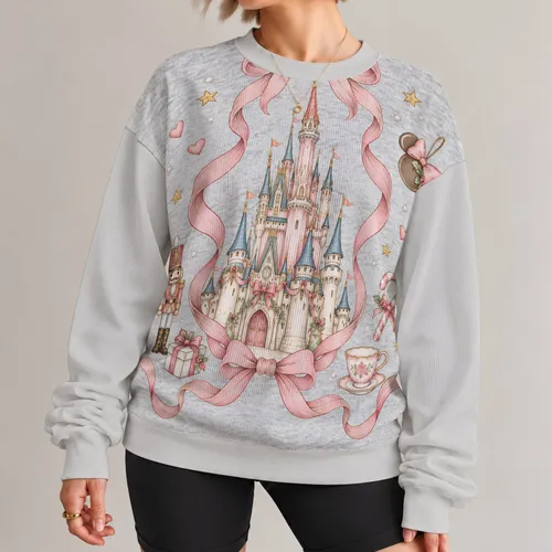 Pastel Castle And Pink Bows For Christmas Magic And Family Holiday Getaway Celebrations All-over Print Knitted Sweater