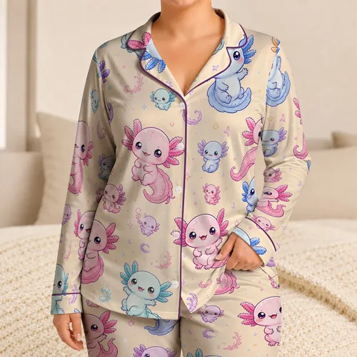 Cute Baby Axolotl Loungewear for Cozy Bedtime, Home Relaxation, and Gifts for Girls Satin Pajamas Set