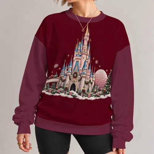 Fairytale Castle and Holiday Park Scene for Christmas Visits and Family Getaways All-over Print Knitted Sweater