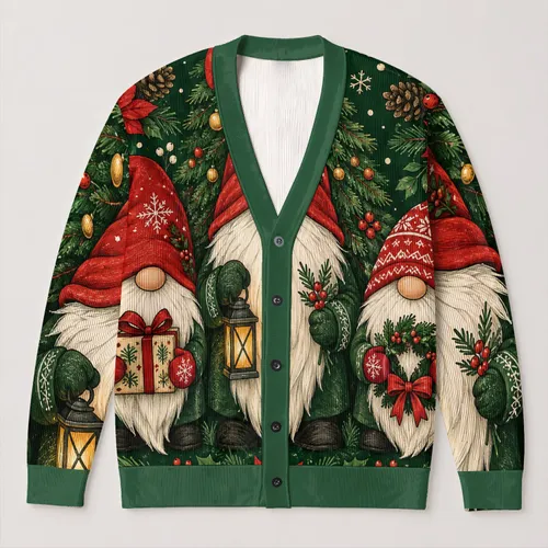 Christmas Gnome Trio With Festive Tree Details For Cozy Holiday Gatherings All-over Print Knitted Cardigan