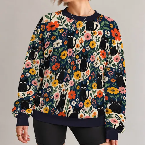 Black Cats Among Colorful Wildflowers for Whimsical Everyday Style and Cat Lovers All-over Print Knitted Sweater