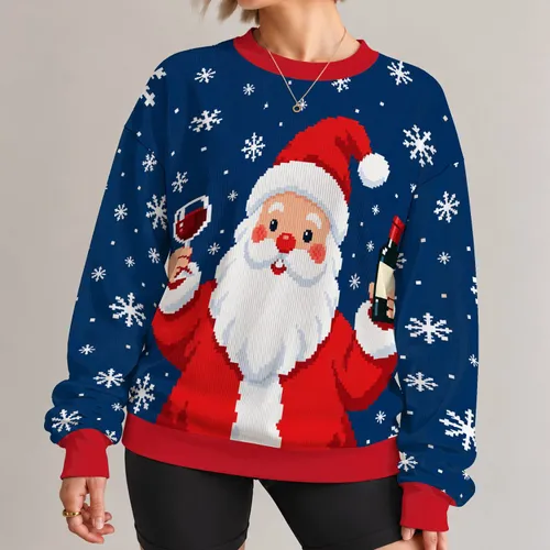 Cheerful Santa With Wine Glass for Festive Christmas Parties and Winter Celebrations All-over Print Knitted Sweater