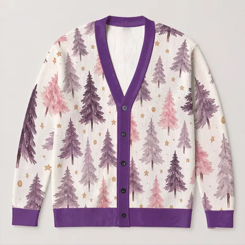 Pastel Watercolor Evergreen Trees And Gold Stars For Cozy Holiday Gatherings Women All-over Print Knitted Cardigan