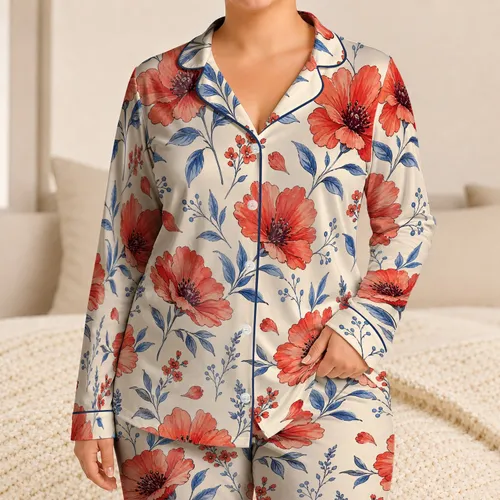 Coral Poppy Hibiscus Floral Red Blue Botanical Comfort for Relaxing at Home Everyday Satin Pajamas Set