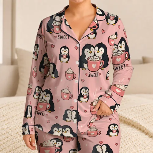 Penguin Cocoa Friends Cozy Winter Holiday Lounge Gift For Women And Teens At Home Satin Pajamas Set