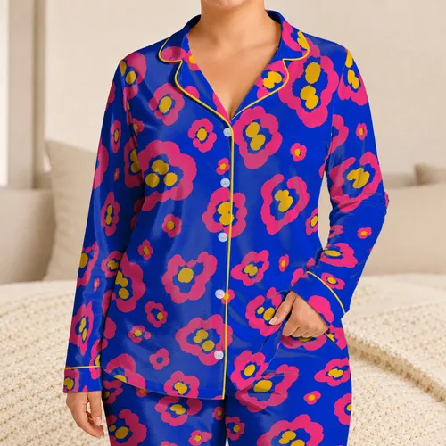 Cobalt Blue Magenta Leopard Spots Cozy Daily Bedtime Comfort Gift For Women And Teens Satin Pajamas Set