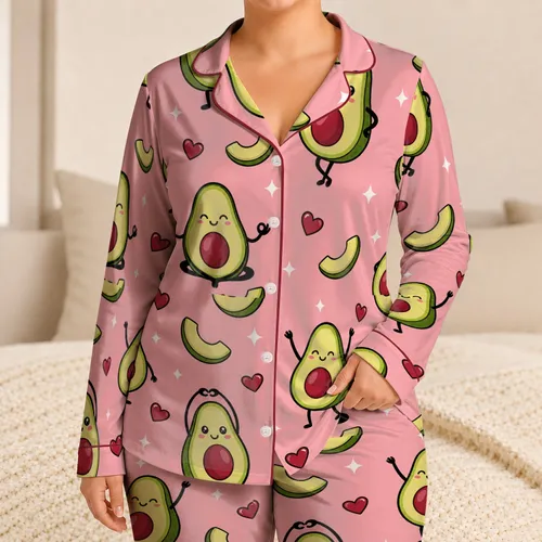 Avocado Hearts Fruit Motif for Cozy Bedtime Relaxation, Casual Home Lounging And Gifting Satin Pajamas Set