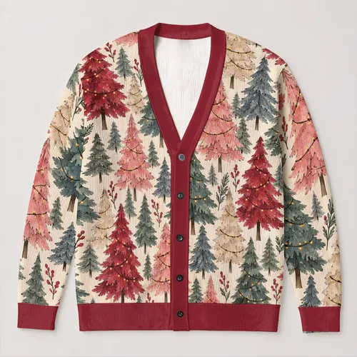 Christmas Tree Holiday Layering Gift Idea for Women, Cozy Festive Winter Weekend Style All-over Print Knitted Cardigan