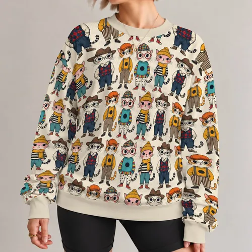Whimsical Dressed Cat Characters for Cozy Casual Weekends and Fall Outings All-over Print Knitted Sweater