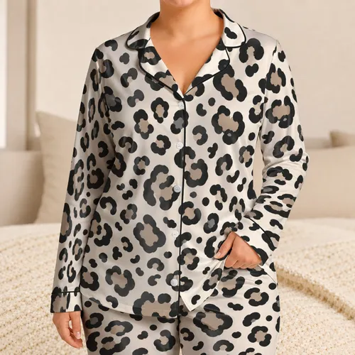 Ivory Leopard Spots for Cozy Bedtime Lounging, Chic Women's Nighttime Comfort at Home Satin Pajamas Set