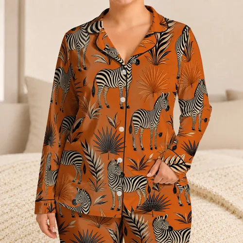 Burnt Orange Zebra and Palm Leaf Motifs for Cozy Nighttime Lounging, Safari Fans Satin Pajamas Set