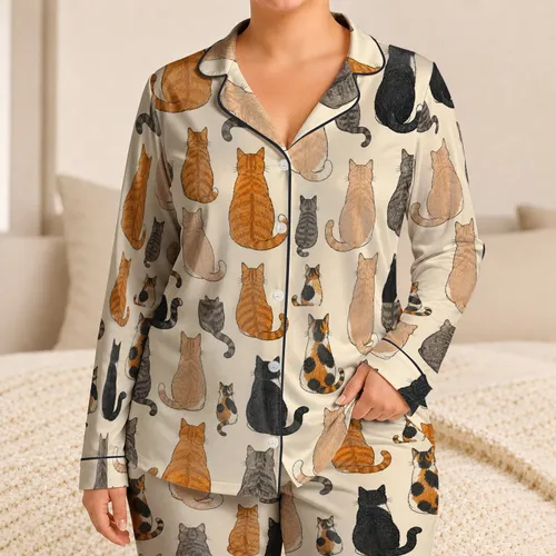 Rear-View Cat Family Sleepwear For Cozy Nights, Lounging And Family Gatherings Together Satin Pajamas Set
