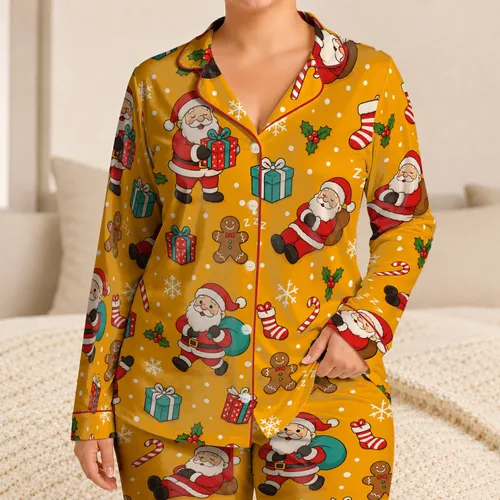 Cute Santa Gift Snowflake Holiday Sleepwear Set For Cozy Christmas Evenings At Home Satin Pajamas Set