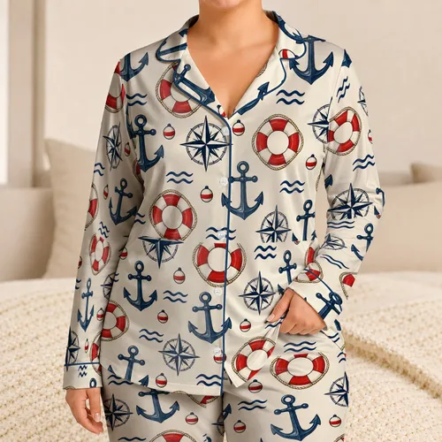 Nautical Anchors And Lifebuoys For Cozy Coastal Evenings At Home Satin Pajamas Set