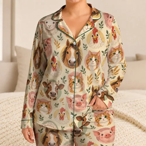 Farm Animal Faces for Cozy Countryside Evenings and Relaxed Weekend Lounging at Home Satin Pajamas Set