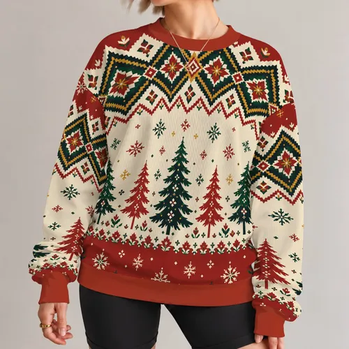 Red And Cream Evergreen Forest With Nordic Snowflakes For Cozy Holiday Gatherings All-over Print Knitted Sweater