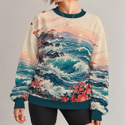 Teal Ocean Waves And Cherry Blossoms For Relaxed Coastal Everyday Style All-over Print Knitted Sweater