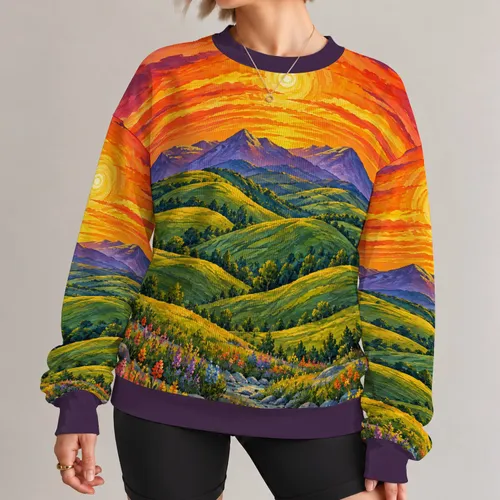 Vibrant Sunset Mountain Valley Scenery for Relaxed Weekend Travel and Nature Lovers All-over Print Knitted Sweater