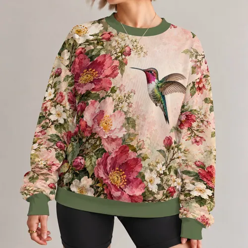 Hummingbird and Floral Garden Motif for Nature Lovers and Springtime Outings All-over Print Knitted Sweater
