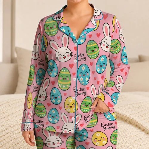 Cheerful Easter Bunny Faces, Pastel Eggs and Hearts for Cozy Springtime Celebrations Satin Pajamas Set