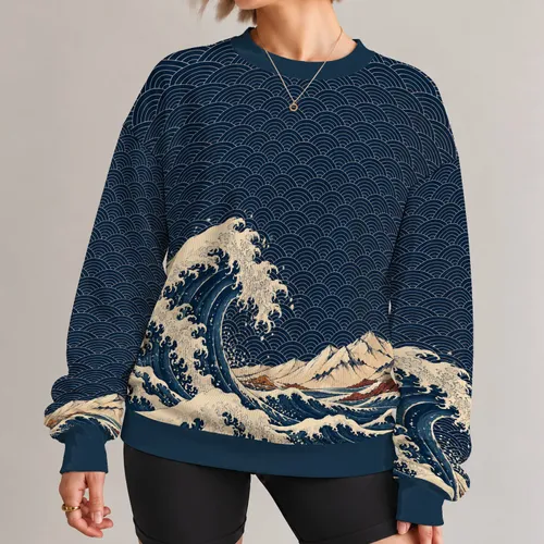 Cresting Ocean Waves for Coastal Weekend Style and Everyday Seaside Living All-over Print Knitted Sweater