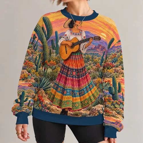 Desert Guitarist Sunset Scene for Bohemian Festival and Everyday Style All-over Print Knitted Sweater