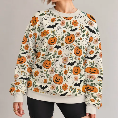 Pumpkin Bat And Friendly Ghost Motifs For Cozy Autumn Halloween Celebrations All-over Print Knitted Sweater