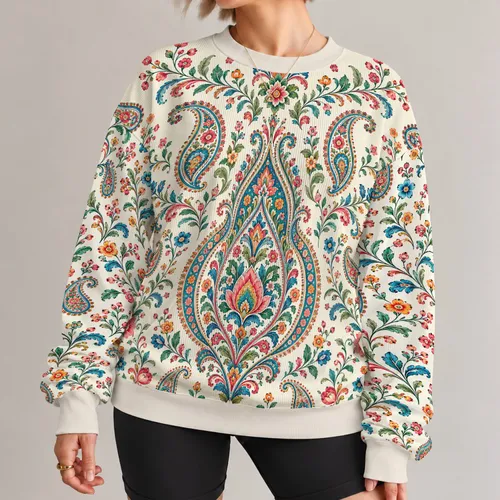 Ornate Paisley Florals for Relaxed Bohemian Everyday Style, Weekend Outings and Travel All-over Print Knitted Sweater