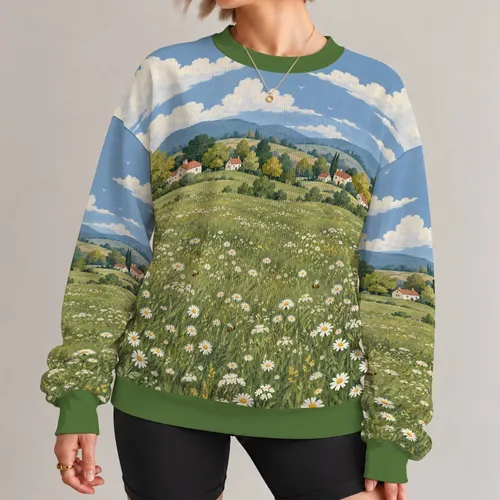 Countryside Daisy Meadow With Tiny Cottages For Whimsical Spring Garden Lovers All-over Print Knitted Sweater