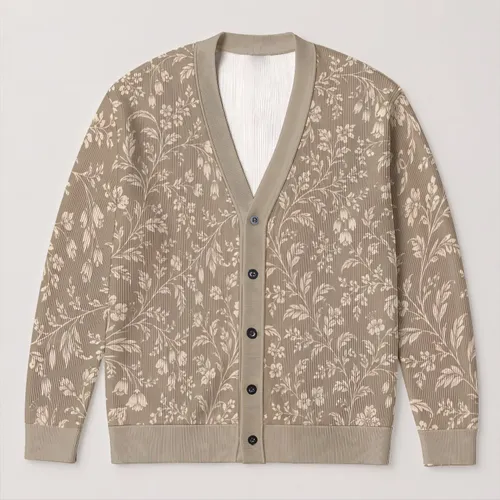 Ivory Botanical Linework on Taupe for Relaxed Everyday Layering and Casual Outings All-over Print Knitted Cardigan