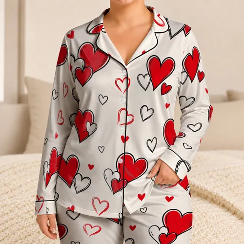 Cherry Red Heart Motif Lounge Wear for Cozy Bedtime, Romantic Gifts, and Teen Girls Satin Pajamas Set