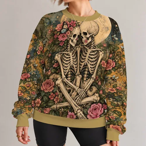 Romantic Skeleton Couple With Moon And Flowers For Day Of The Dead Celebrations All-over Print Knitted Sweater