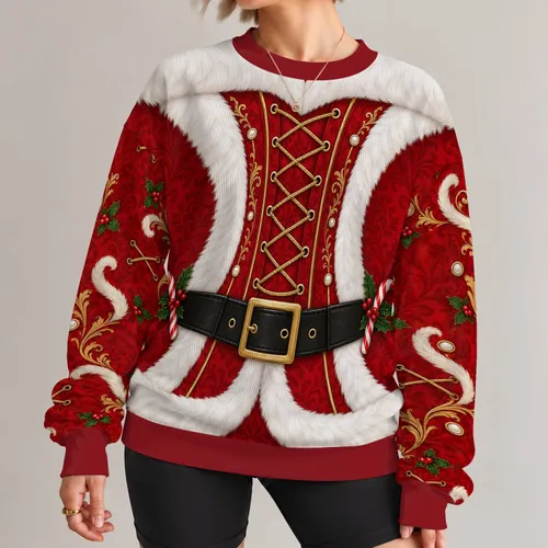 Mrs Claus Red Corset Outfit for Christmas Parties and Festive Holiday Celebrations All-over Print Knitted Sweater
