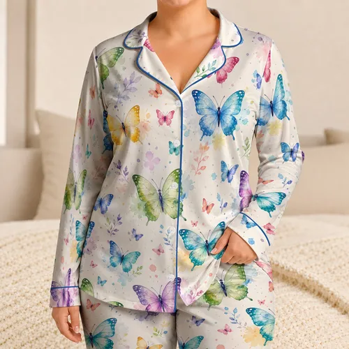 Watercolor Butterfly Evening Comfort For Women, Soft Ivory Boutique Bedtime Style Satin Pajamas Set