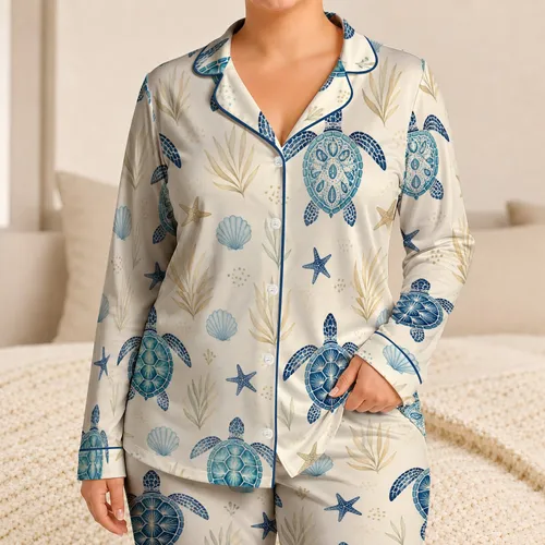 Sea Turtle Coastal Summer Evenings At Home, Plus Size Women, Ivory Resort Vibes Satin Pajamas Set