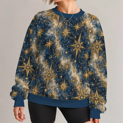 Celestial Gold Star Motifs for Everyday Bohemian Style and Relaxed Weekend Wear All-over Print Knitted Sweater
