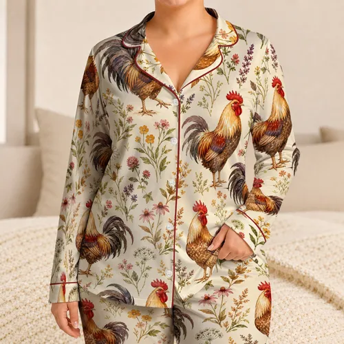Rooster And Wildflower Watercolor For Spring Cottage Evenings, Cozy Gift For Her Satin Pajamas Set