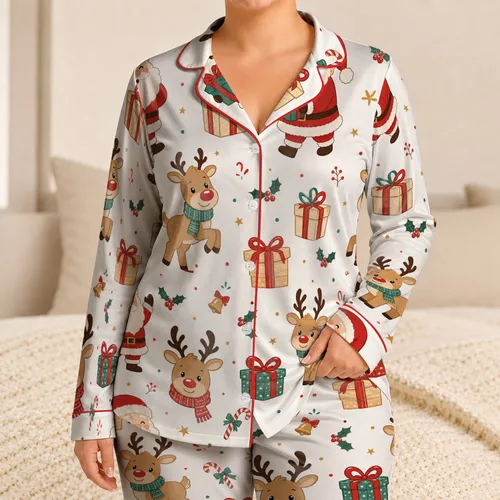 Holiday Santa Reindeer And Gift Boxes For Cozy Christmas Nights At Home Style Women Satin Pajamas Set